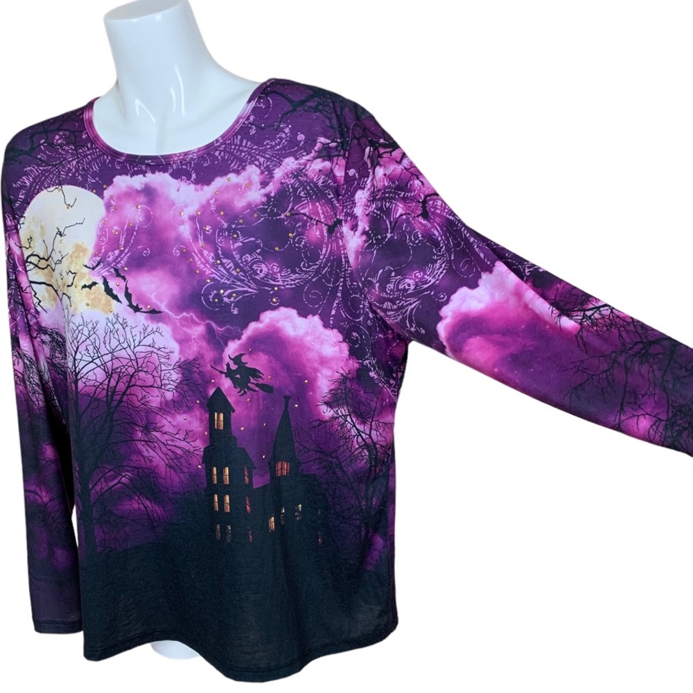 Holiday Traditions Purple Spooky Witch on a Broom Full Moon Long Sleeve Top XL - Picture 3 of 9